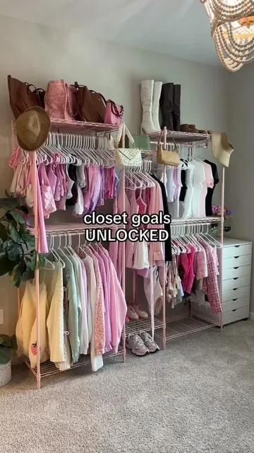 This heavy duty pink clothes rack with 900lb capacity, adjustable shelves, and multiple finishes is my dream😍 Perfect for maximizing closet space with sturdy rods and shelves for clothes, shoes, and accessories👏💖✨ #clothesrack #closet #clothes #organization #homeorganization #closetorganization #tiktokshopbacktoschool 