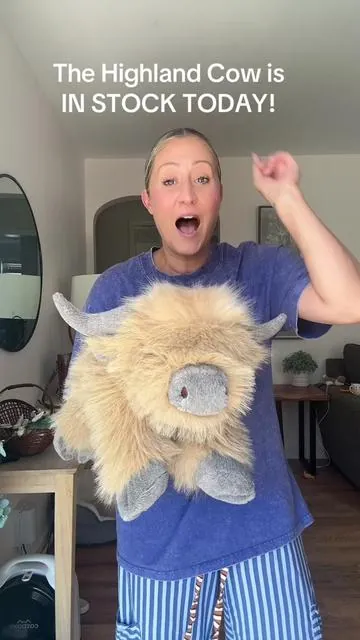 HE BACK!!! This long awaited Highland cow stuffed animal is so incredible and I can’t imagine any child that wouldn’t absolutely go nuts for this! I am personally so obsessed with it and I like to just hold it at night while I watch TV and it keeps me warm!  #highlandcowstuffedanimal #weightedstuffedanimal #weightedplushie #kidsgiftideas 