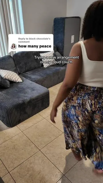 Replying to @black chocolate the viral cloud couch comes with 3 pieces and 4 pillows. It feels like you’re laying on the clouds and it is very sturdy and does not lose its shape, it’s giving boneless. Tried a new arrangement today let me know what you guys think? #viralcloudcouch #cloudcouch #bonelesscouch #viralcouch #livingroomdecor 