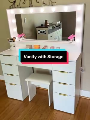 This vanity is stunning and has an insane amount of storage! @HOMEWAY  #vanity #makeupvanity #vanitywithlights #vanitywithmirror #vanitymakeup 