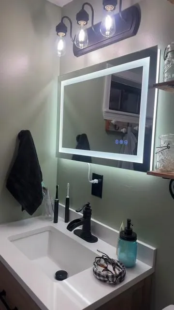 I love this lighted vanity mirror. It is still one of my fave parts of the new bathroom. It’s gorgeous and useful too.  . #TikTokShopCreatorPicks #tiktokshopblackfriday #bathroommirror #lightedmirror #bathroommakeover 