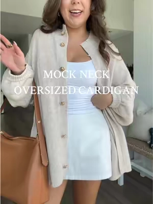 wearing a size medium in the color light khaki 🤍🧺 the coziest mock neck oversized cardigan #mockneck #mocknecksweater #oversizedcardigan #cardigan #oversizedsweater 