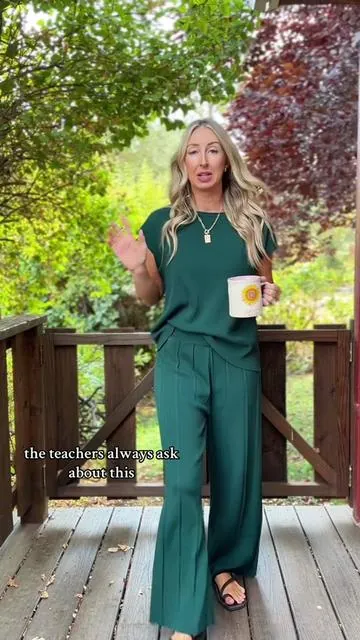 This is one of my favorite two piece sets. Elevated and classy but feels like pajamas! @Ommig #twopieceset #twopieceoutfit #matchingset #falloutfits #teacherootd 