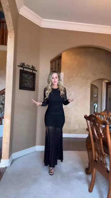 Sleek and sultry, this ApriLake mesh maxi dress brings high-end elegance with a flattering ruched bodycon fit and daring high slit.  Perfect for evening glam or special occasions. #ElegantEveningDress #HighSlitMaxi #BodyconChic #AffordableLuxuryFashion #BlackTieStyle