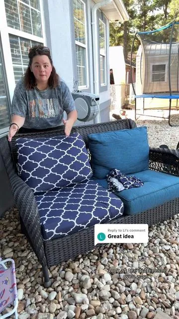 Replying to @Ll New furniture? Nope… just cushion covers 🤯👏 #patiomakeover #homehacks #outdoorliving #tiktokmademebuyit #budgetfriendly 