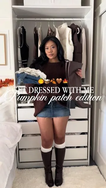 get dressed with me for the pumpkin patch! 🎃🧺🧡🍂 @Edikted denim overall dress @Brandy Melville white top @Princess Polly dark brown heel boots & brown leather jacket @Louis Vuitton mini palm spring back pack linked on video + LTK 🍂 #pumpkinpatch #pumpkinpatchoutfit #falloutfitinspo #fall #halloween Grwm for pumpkin patch, fall date night inspo, corn maze, gilmore girls, fall ootd, fall outfit inspiration, preppy, Seattle influencer/content creator
