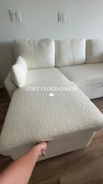 The softest cozy Sherpa pull out couch + built in storage 🤍☁️ #tiktokshopfalldealsforyou #tiktokshophomefinds #tiktokfurniture #couchtok 