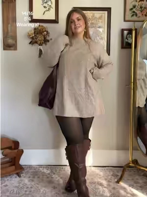 A sweater dress that actually fits oversized on my curvy body?!?  This is such an exciting find. Sweater dresses pretty much always hug my curves and as much as I like that look,  sometimes I just want an oversized cutesy look. This xl is perfect with plenty of room to spare. I’m a 14/16 and 5’4 for reference 🥰 #curvyfashion #midsizefashion #falloutfits #fallfashion #winterfashion 
