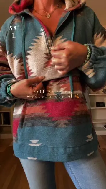Aztec Zip Up Pullover Hoodie 😍 I’m in love! So warm, quality material, pockets, drawstring hoodie, adjustable waist, and elastic arms to keep the cold air out! 🌬️ perfect for fall outfits and winter outfits. So many designs. 🍂 #falloutfits #westernwear #westernstyle #hoodie #fallfashiontrends 