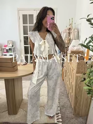 These are the cutest pajamas I’ve ever owned — lightweight, soft, and look way more expensive than they are. Perfect for cozy nights or lounging around the house 💫 #ruffles #PajamaSet #Loungewear #pajamas #cutepajamas 