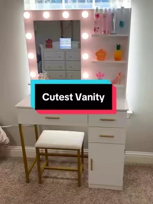 Love everything about this beautiful vanity! So cute!  #vanity #vanitywithlights #vanitywithmirror #makeupvanity #vanitymakeup 