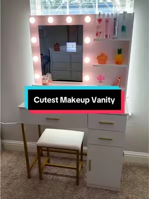 This vanity has everything you need! #vanity #makeupvanity #vanitywithlights #vanitysetup #christmasgiftideas