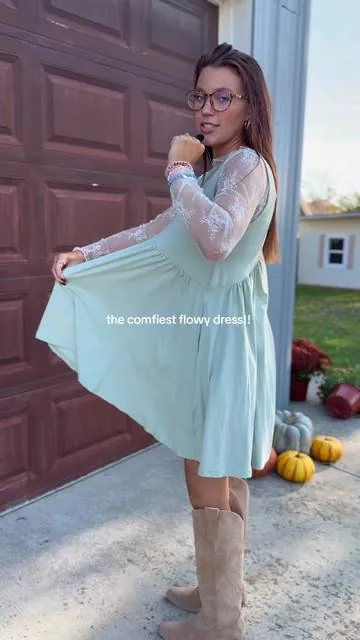 The perfect dress to pair with these lace tops or even a turtleneck if it’s colder! The material on this is toooooo good 😍☁️ @SCUSTY #falloutfits #falldress #flowydress #falloutfitinspo #tiktokshopblackfriday 