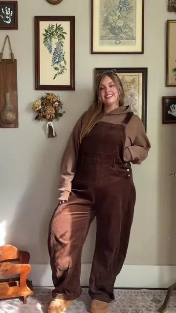 Overalls with hoodies >>>  It’s giving blue collar girly which is fun because I literally couldn’t be further from that. I’ll never get over these corduroy barrel leg overalls. They are so stinkin’ cute and just perfect. I’m a 14/16 and 5’4 wearing the xxl. I def could have gone with an xl though! #overallsoutfits #fallfashion #curvyfashion #tiktokshopcreatorpicks #winterfashion 