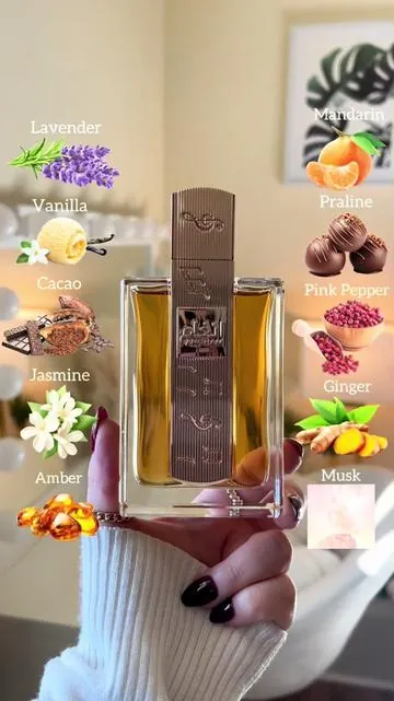 Angham🪻🍨✨@LATTAFA USA   Arabian perfume smells like a warm, elegant sweet, & creamy gourmand fragrance with spicy, floral, & musky undertones🪻🍨✨    🍨🍊Top Notes: Ginger, Mandarin, Pink Pepper. 🍨🪻Middle Notes: Lavender, Praline, Cacao, Jasmine. 🍨🌰Base Notes: Vanilla, Amber, Musk.   #lattafa#angham#lattafaperfume#perfumetiktok#fragrance  