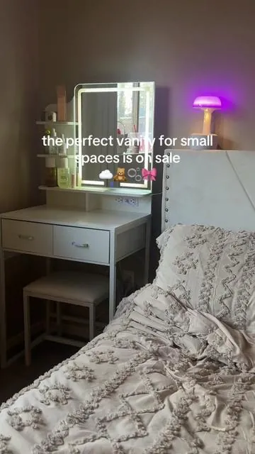 On sale for Black Friday! Perfect for small spaces, teens, or dorm rooms! The vanity comes with a fold out shelf and a stool! Plus it has an outlet and usb ports installed! #vanitymirror #vanity #tiktokshopblackfriday #tiktokshopcybermonday #holidaygifts 