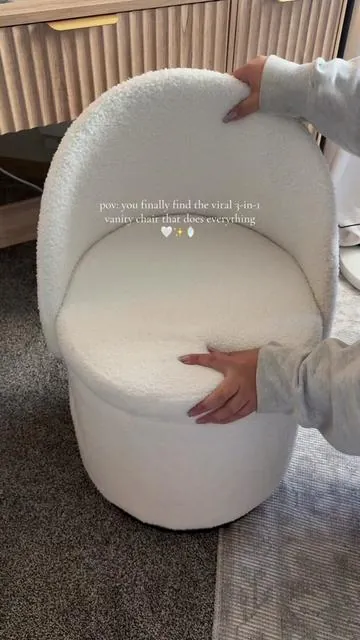 Completely obsessed with this viral 3-in-1 sherpa vanity chair ☁️🤍 360° swivel, hidden storage for all my beauty essentials, and the prettiest cozy texture. Makes my whole vanity setup feel so luxe ✨ @Chairus Plus  #makeuproom #vanitysetup #neutralaesthetic #vanityorganization #tiktokshopcreatorpicks  swivel stool, storage ottoman, vanity setup ideas, small space furniture 