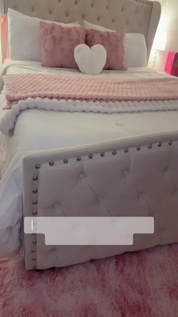 this bed from amerlife is sooo beautiful!! i feel like a princess!! #fyp  info: Queen Size Cream Bed Frame 10 inch Memory Foam Queen Mattress NO BOX SPRING
