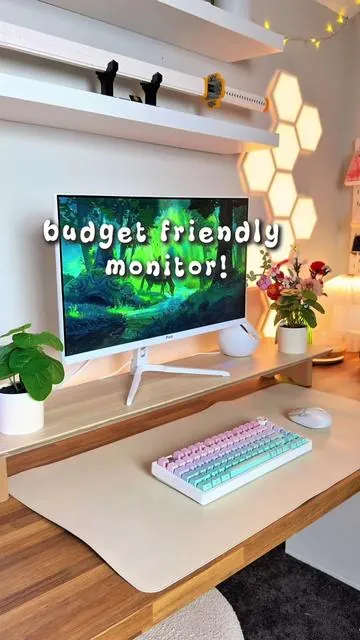 budget friendly gaming monitor: @Pixio Gaming 🖥️ PX246 Wave in 🤍 i love that it comes with white wires as well, matches the setup perfectly 🤍 #cozygaming #gaming #pixio #desksetup #monitor 