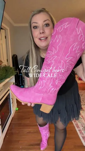 Replying to @Sarah✨Curvy fashion&momfinds tall wide calf cowgirl boots and they come in PINK. So comfy and run true to size #widecalf #widecalfboots #widecalfcowgirlboots #widecalfcowboyboots #widecalfkneehighboots 
