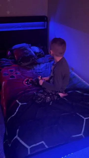 How fun is this?! 🤩 Our oldest son LOVES his LED bed frame. He also loves that it has outlets to plug in his tablet and other items. Check out the link below! ⬇️  #tiktokshop #tiktokmademebuyit #roommakeover #bigboybed #fyf 
