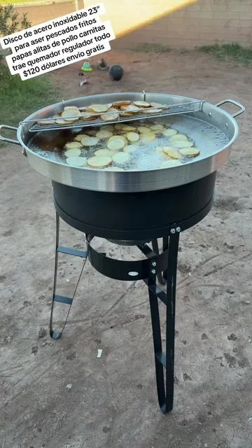 Disco para cocinar al aire libre 23” acero inoxidable para aser pescados fritos papas alitas de pollo carnitas viene todo quemador regulador base disco $120 dólares envío gratis #tiktokshopchristmas #cocina #rovsun #concavecomal #camping 