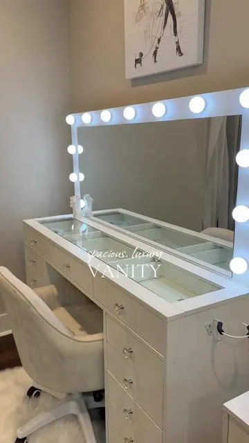 Love this vanity!! 15 Drawers + this glass top gives luxury!! Right now it’s on sale!! #vanity #vanitymirror #makeup #makeupdesk #mirrorwithlights 