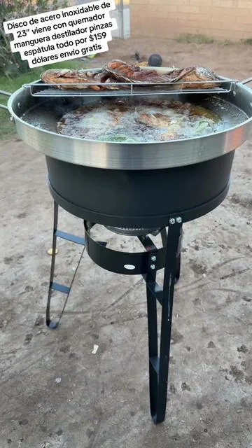 Disco de acero inoxidable de 23” viene con quemador manguera destilador pinzas espátula todo por $159 dólares envío gratis #tiktokshop #tiktokmademebuyit #comal #cocinar #rovsun 