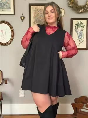 A cutie little Valentine’s Day option! I love these dresses so much! So easy and cute and soo comfy. And paired with the lace top it’s perfect. #valentinesdayoutfit #datenightoutfit #curvyfashion #plussizefashion #winteroutfits 