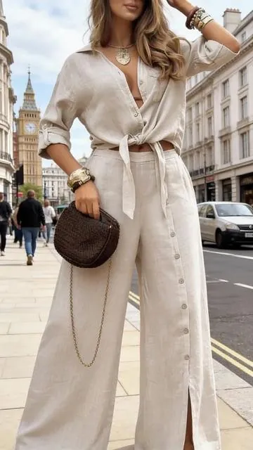 The beige shirt tied loosely at the waist #outfit #twopieceset #womenstyle #ootd #womenfashion 