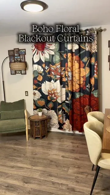 These blackout floral BoHo curtains include all the most trendy colors right now, including mustard, golds, terra-cotta’s, rust, reds, sage greens, and ivory. The timeless and classic floral design will make them on trend for years to come. These curtains are completely blackout and are such a gorgeous addition to my dining room. #b#bohocurtainsf#floralcurtainsi#interiordesignc#curtainsb#bohochic