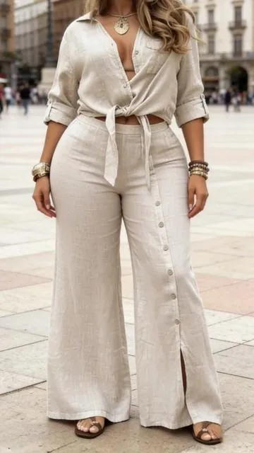 Women's Long Sleeve Loose Fit Shirt Set with Tie Hem#twopieceset #spotlightfinds #casualoutfits #streetwear #tiktokshop 