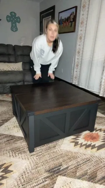The farmhouse style coffee table that literally has it all @FurnitureFinds Hub #furniturefinds #furniturefindshub #farmhousestyle #coffeetable #farmhouse 
