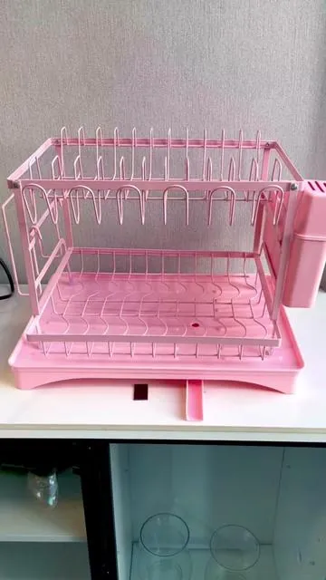 Pink 2-Tier Dish Drying Rack Dish #dryingrack #kitchen #dishdryingrack #cleandishes #kitchengadgets 