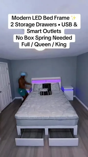 Modern LED Bed Frame ✨ 2 Storage Drawers • USB & Smart Outlets No Box Spring Needed Full / Queen / King! Free Shipping 🔥🔥🔥#fanmmetegasonmete #anmweychawapetenet #bedframe #kabann #cama 