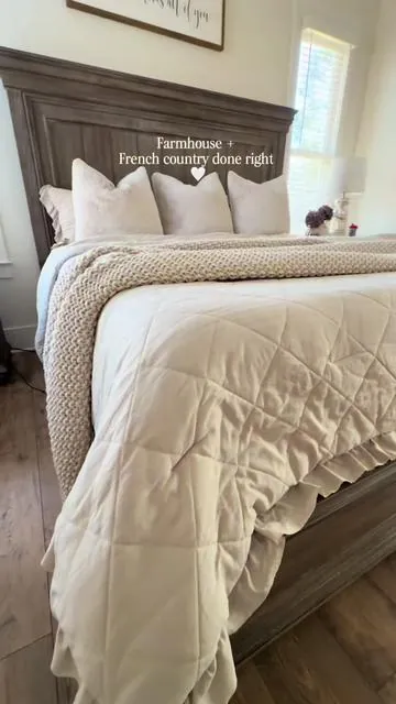 Farmhouse + French country, but make it cozy 🤍 This comforter completely changed my bedroom — soft, quilted, layered, and not a duvet (finally). Linking it here because this one is a keeper. #farmhousebedroom #comforter  #cozyhome #bedroomrefresh #neutralhome