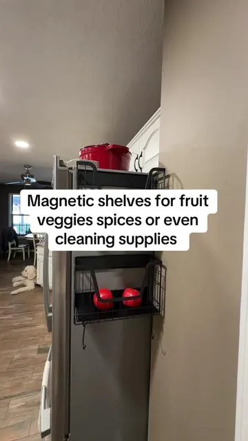 I love these to use to keep stuff off the counter. I will be using them for fruit and veggies from my garden. You can also use these for spices or oils or even on the side of washer and dryer for cleaning supplies. These are wonderful. #magneticshelves #fruitbasket #spicerack #organization #laundryroomorganizing 