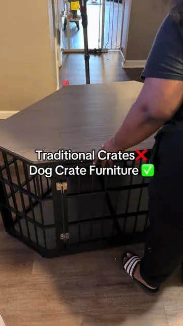 This dog crate furniture is the perfect size for my dogs and it makes my living area look nicer and more spacious! #dogcratefurniture #petsmusthaves #petfinds #homedecor 