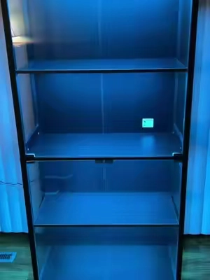 Display case with glass doors and led lights for gaming setup or collectibles #homedecor #displaycase #collection #actionfigures #setup 