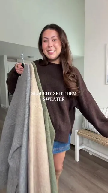 the perfect cozy oversized sweater that I wear all year round 🫒🤎 I’m 5’2 wearing a size large! #sweater #affordablesweater #slouchysweater #splithemsweater #tiktokshopcreatorpicks 