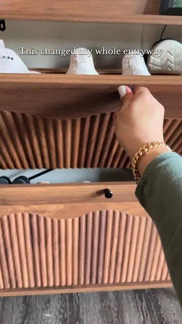 Fluted shoe cabinet that actually looks good and hides the mess 🙌 Linked in cart 🛒 #shoecabinet #entrywaydecor #homedecorfinds #tiktokshopfinds #midcenturymodern