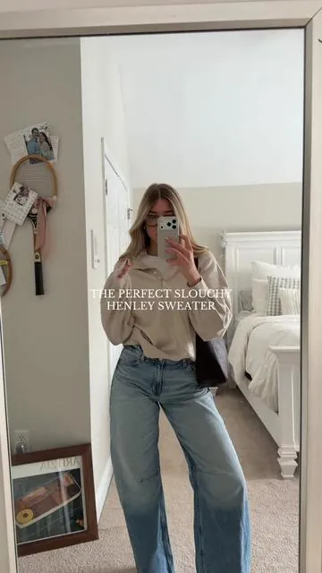 just another perfectly slouchy sweater and barrel jeans outfit ☁️ size xl #henleyshirt #barreljeans #springoutfit #comfyoutfit 