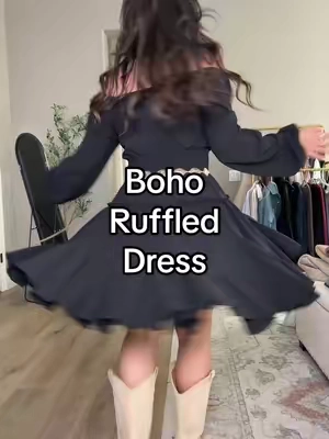 Floaty, feminine, and arm coverage without feeling frumpy? Yes please. This boho ruffled tiered long-sleeve dress gives you that soft, effortless silhouette while keeping your arms covered in the prettiest way. The flow, the movement, the subtle shape at the waist — it’s giving romantic but still comfortable enough to actually live in. For the girls who love a little coverage but still want the vibe. #bohodress #longsleevestyle #westernwear  #petitefashiob  #tiktokshopcreatorpicks Sales may vary.