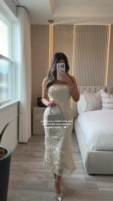 The details in the stress are breathtaking! #fashioninspoforyou #bride2026 #bridefashion #whitemididress #elegantdress 