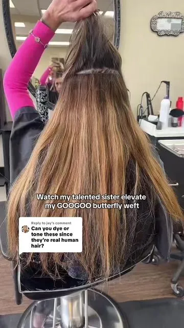 Replying to @jay GOOGOO hair extensions can be dyed, toned, and styled! Here’s my sister turning my butterfly weft into the perfect shade for me!  @googoohair_official  #googoohair #hairextensions #butterflyweft #hairtransformation #tiktokshopstockup 