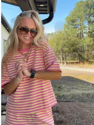 This 95% cotton tshirt + shorts set for spring and summer >>> The best quality and so cute and easy to throw on! #tiktokshopcreatorpicks #springootd #casualset #stripedset #everydayset 