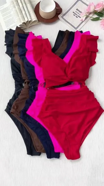 Twist deep V + high waist = instant island baddie.🎀🩱🏖️#spotlightfinds #tiktokshopjumpstartsale #ruffle #swimsuit #jumpsuit 