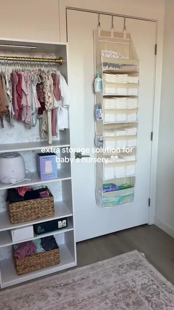 extra storage for your baby’s nursery bc baby’s need soooo many things #nurserylife #closetorganizer #postpartummusthaves #kidsroomorganization #hangersorganizer 