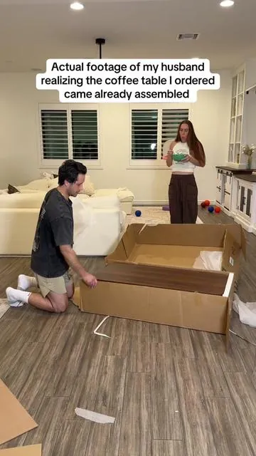 He was dreading putting this together all week 💀😂😂 ITS SO CUTE!!! #coffeetable #preassembledcoffeetable #giratreefurniture @GiraTree 