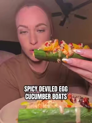 Spicy deviled egg, cucumber, boats with banana peppers, garlic chili crunch and roasted sesame dressing #sesamedressing #mukbangs #cucumber #dressing #saladdressing 